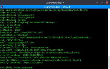 Ejecución del comando slapcat en LDAP.