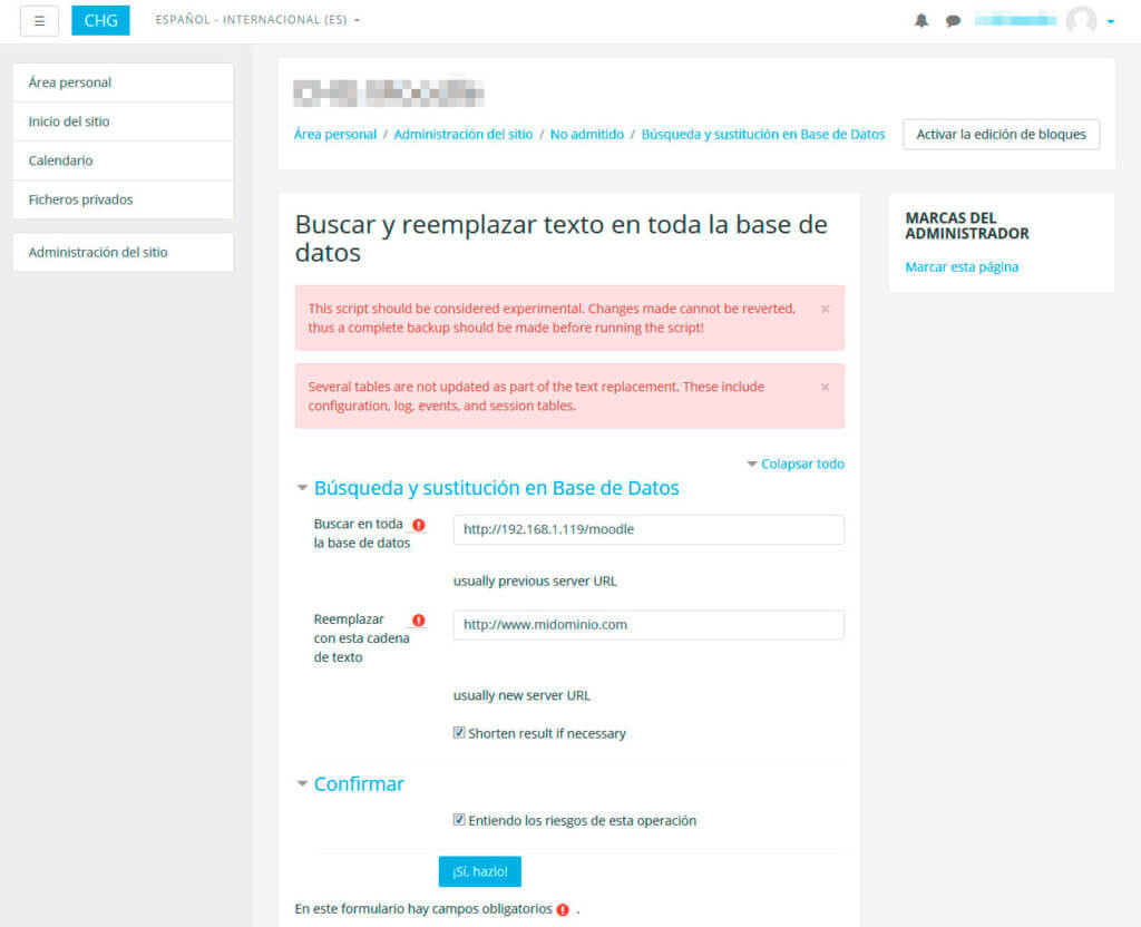 Cambiar o reemplazar la dirección URL o dominio de Moodle.
