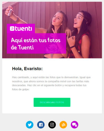 Apariencia del email para descargar las fotografías.