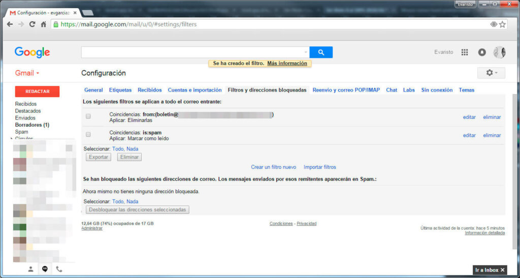 Filtros para eliminar y marcar como leído el spam.