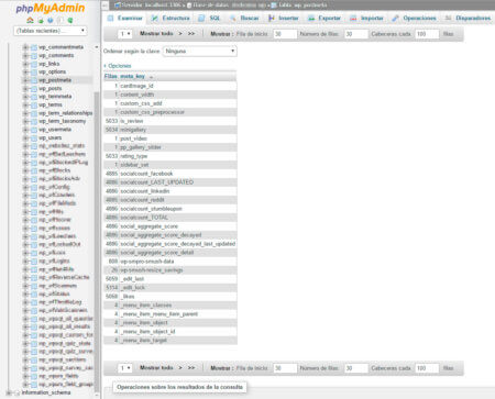 Contenido de la tabla "wp_postmeta" de WordPress.