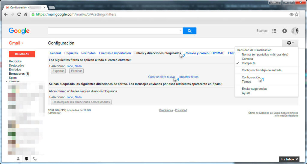 Filtro para eliminar un email automáticamente en GMail.