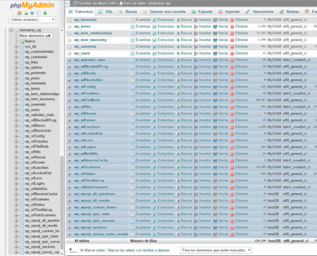 Borrar tablas de los plugins WordFence, WP Survey And Quiz Tool y WP Mobile Detector.