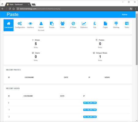 Panel de administración de Paste, el fork de Pastebin.